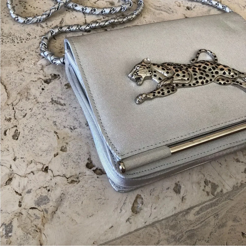 Nima Metal Cheetah Bag Silver Metallic Black Purse Cross Body Vintage 80s